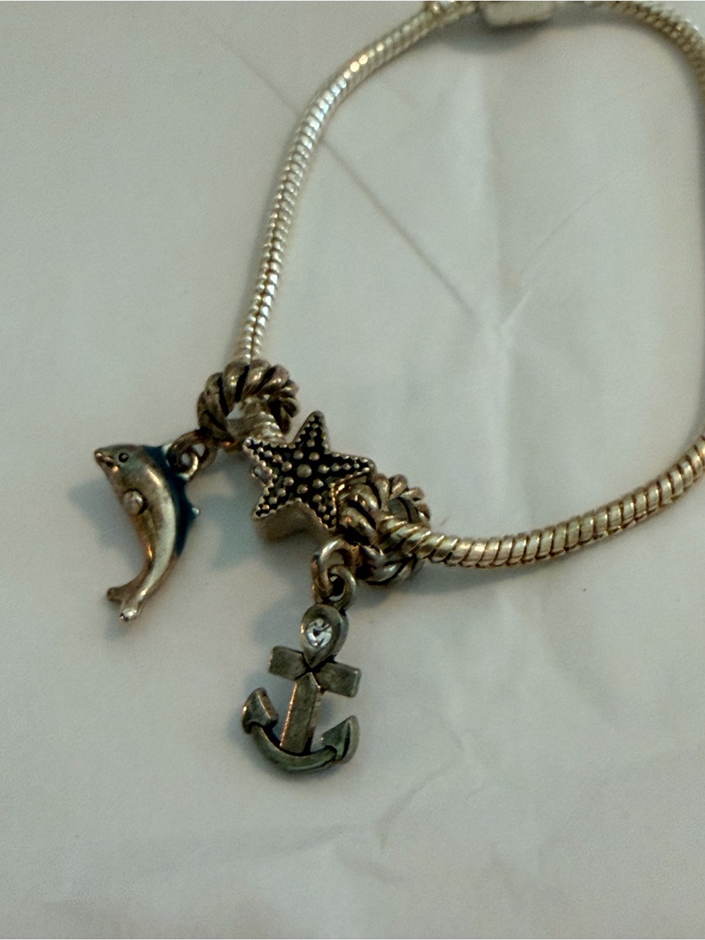 Silver Nautical Charm Bracelet with Dolphin, Starfish & Anchor Charms
